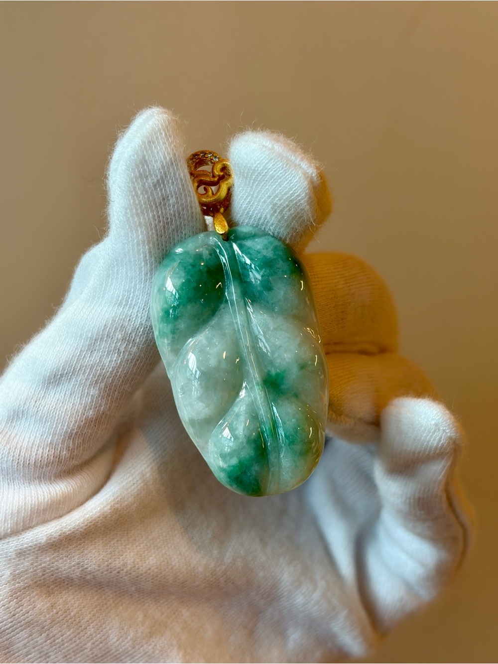 Burmese Jadeite "Golden Branch Jade Leaf" Pendant — Natural Green Jade